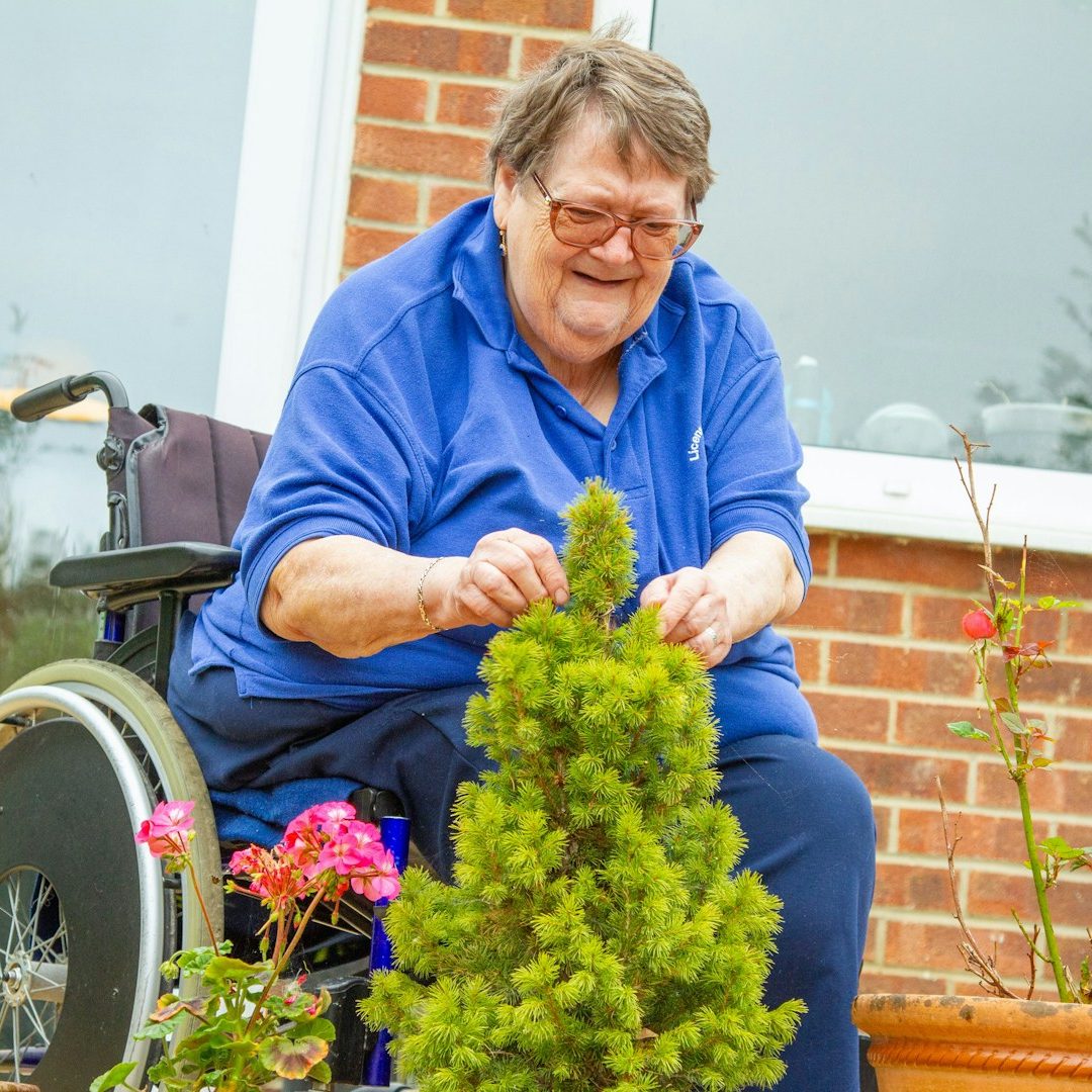 Eine glückliche Seniorin im Rollstuhl pflegt im Freien einen kleinen Nadelbaum und genießt ihre Selbstständigkeit im Alltag.